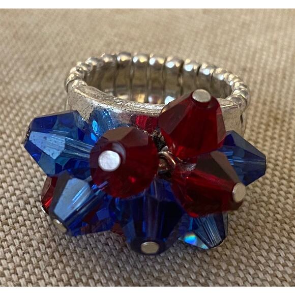 Blue and Red Glass Bead Stretch Ring - Picture 1 of 2